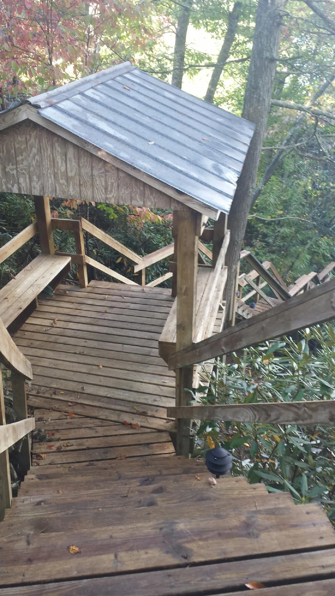 Metal roofed shelter over wooden steps on a wooded walkway — Skylight Repair & Installation work by our crew in Comer